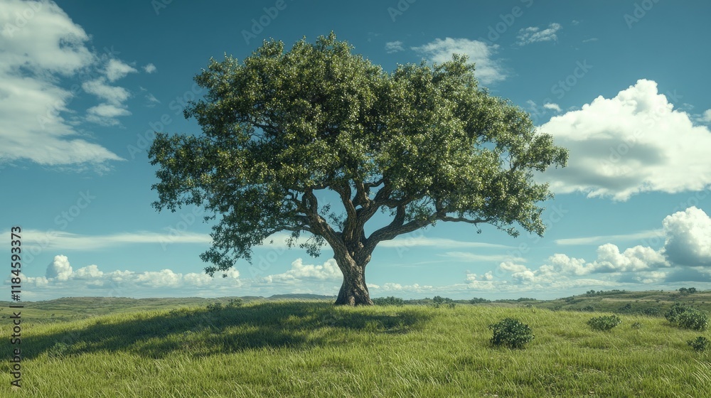 Obraz premium A tree growing tall and strong in the middle of a field, surrounded by green grass and blue skies.