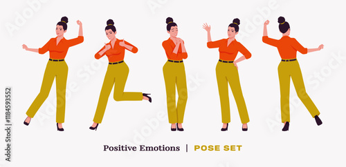 Modern businesswoman happy pose set. Business lady in high waisted pants, loose office work long trousers with belt, attractive classy blouse female model. Vector flat style cartoon illustration