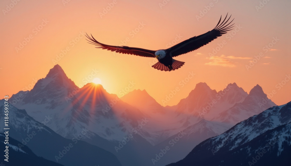 Majestic bald eagle flying over mountain landscape at sunset, dramatic sky and serene atmosphere, wildlife moment, copy space Majestic bald eagle flying over mountain landscape at sunset, dramatic sky and serene atmosphere, wildlife moment, copy space
