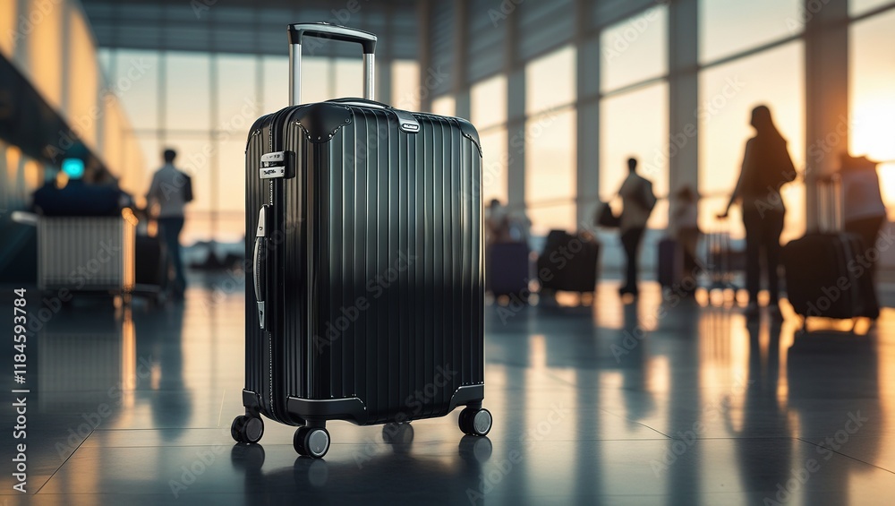 Modern Carry-On Luggage Highlighted by Warm Sunlight in Airport Setting