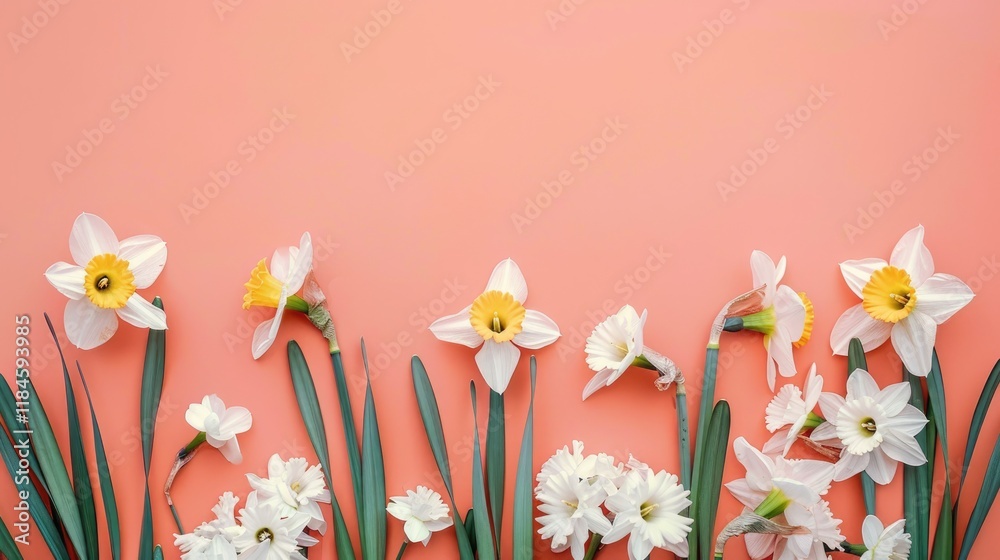 Obraz premium Beautiful spring daffodils and white narcissus flowers with green leaves creating a floral border on a pastel coral pink background, top view with copy space.