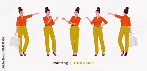 Modern businesswoman pointing pose set. Business lady in high waisted pants, loose office work long trousers with belt, attractive classy blouse female model. Vector flat style cartoon illustration