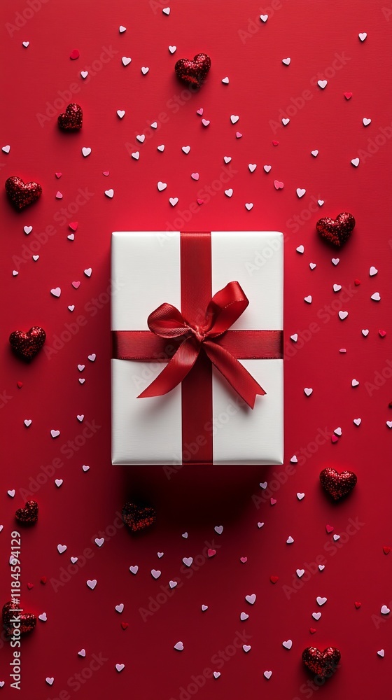Fototapeta premium White gift box with red ribbon surrounded by tiny heart decorations on a red background, perfect for Valentine's Day.