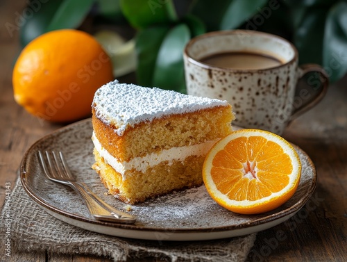 Delicious slice of orange cake with cream filling, accompanied by fresh orange and a cup of coffee on rustic table. photo