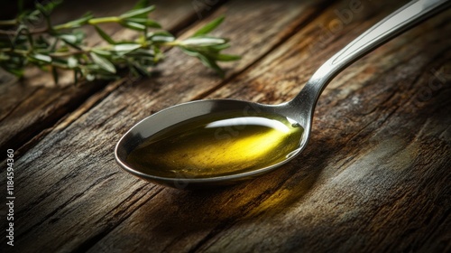 Olive Oil Spoon with Fresh Herbs in Morning Light