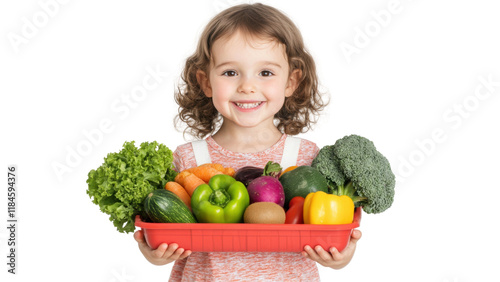 Fototapeta Naklejka Na Ścianę i Meble -  Fresh vegetables and fruits in basket held by smiling girl