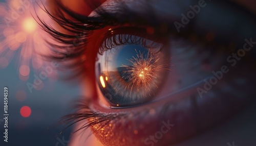 Close up of human eye reflecting vibrant fireworks bursting in the sky