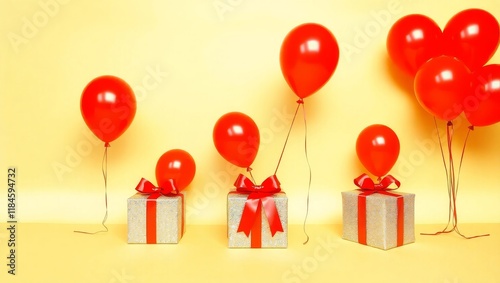 A warm yellow background with cheerful red and yellow balloons and brightly wrapped gifts, Plain space in the center for editing, Ideal for birthdays, Anniversaries, Celebrations etc