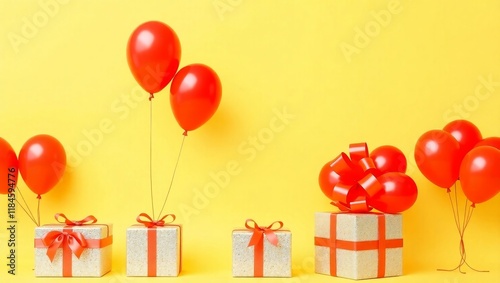 A warm yellow background with cheerful red and yellow balloons and brightly wrapped gifts, Plain space in the center for editing, Ideal for birthdays, Anniversaries, Celebrations etc