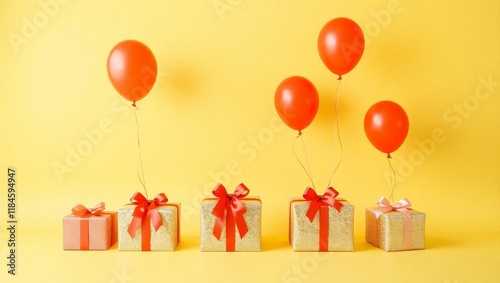 A warm yellow background with cheerful red and yellow balloons and brightly wrapped gifts, Plain space in the center for editing, Ideal for birthdays, Anniversaries, Celebrations etc
