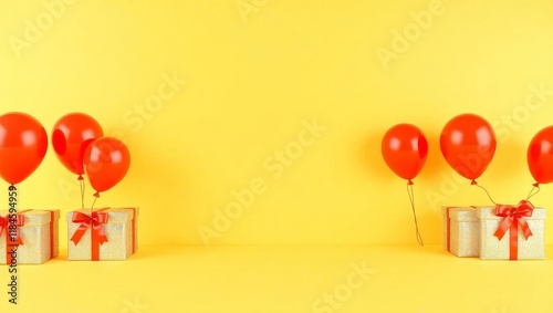 A warm yellow background with cheerful red and yellow balloons and brightly wrapped gifts, Plain space in the center for editing, Ideal for birthdays, Anniversaries, Celebrations etc