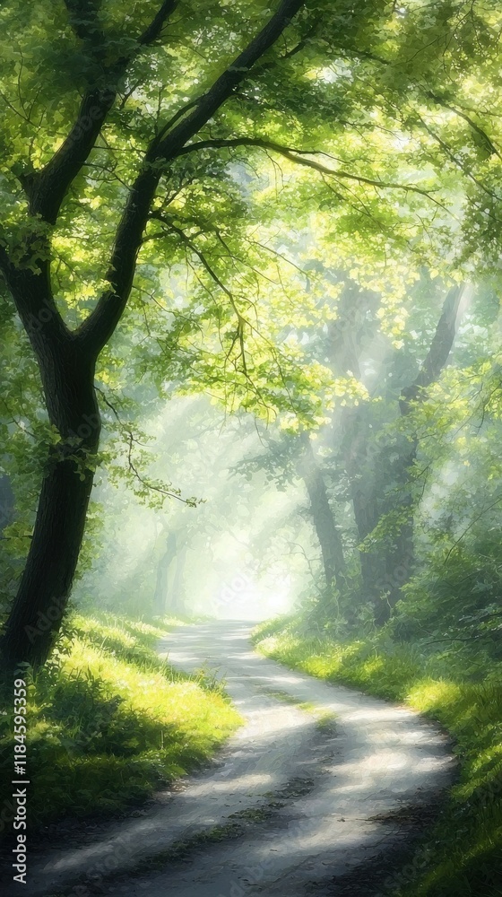 Naklejka premium Enchanting Forest Path Bathed in Ethereal Light and Mist