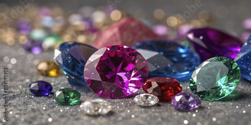 Vibrant gemstones in various colors, sparkling on textured surface, create stunning visual display photo