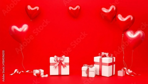 A solid crimson red background with heart-shaped balloons and elegantly wrapped white gift boxes for a romantic theme. Ideal for birthdays, anniversaries, celebration, achievements etc
