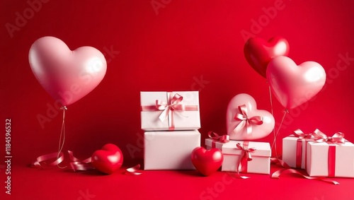A solid crimson red background with heart-shaped balloons and elegantly wrapped white gift boxes for a romantic theme. Ideal for birthdays, anniversaries, celebration, achievements etc