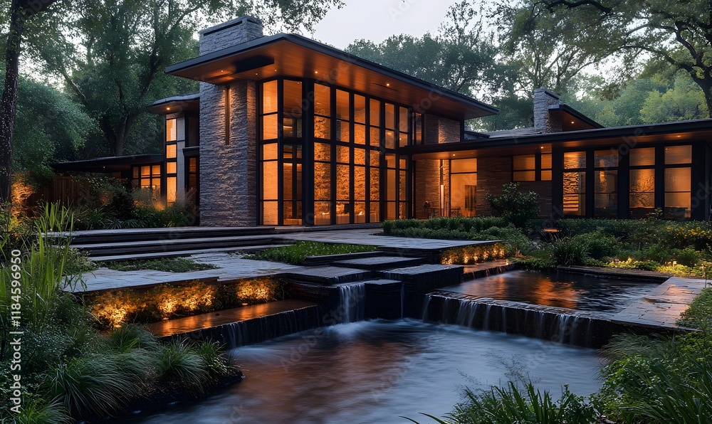 Fototapeta premium contemporary home surrounded by meticulously designed landscaping