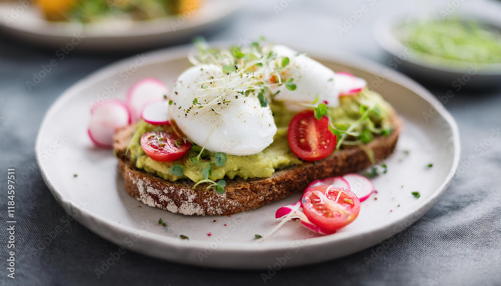 Avocado toast with poached eggs, fresh cherry tomato, radish and microgreen. Tasty and healthy food Avocado toast with poached eggs, fresh cherry tomato, radish and microgreen. Tasty and healthy food