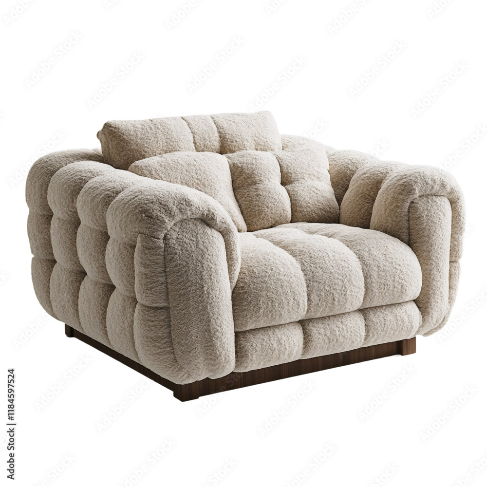 Obraz premium A plush cream-colored armchair with dark wooden base.