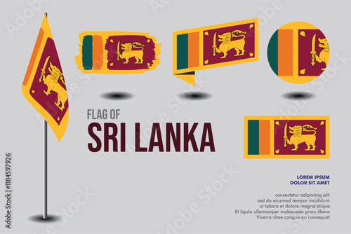 Set of Sri Lanka flag in 5 designs: flag on pole, brush stroke, skew, round and standard. vector, flat, isolated on grey background