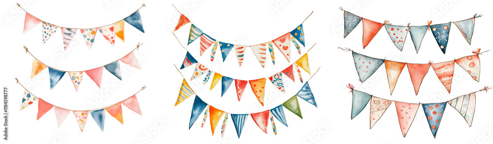 Fototapeta premium A set of colorful watercolor bunting flags, festive party decorations, hand-painted illustration for celebrations and creative design projects.