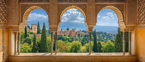 Alhambra Palace view through arches, Spain