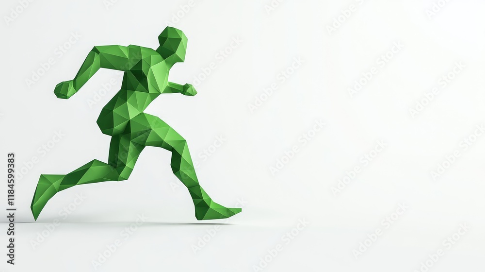 Abstract green low poly runner figure in motion against white background. Abstract green low poly runner figure in motion against white background.