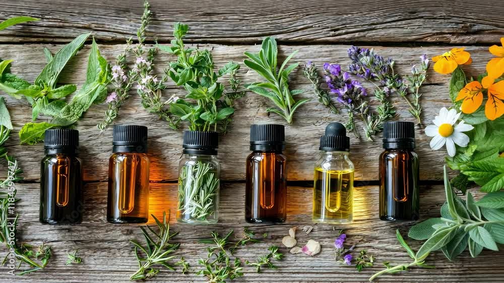 jars with essential oils and medicinal herbs top view. Selective focus