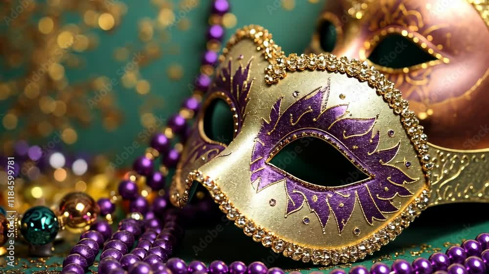 Colorful Mardi Gras Mask and Beads on Vibrant Golden, Green, and Purple Background Celebrating Festive Season Colorful Mardi Gras Mask and Beads on Vibrant Golden, Green, and Purple Background Celebrating Festive Season