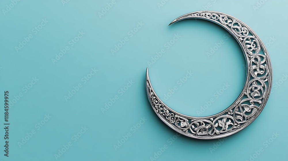 Ornate Silver Crescent Moon on Blue Background Ornate Silver Crescent Moon on Blue Background
