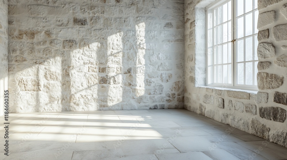 Sunlit empty room with stone walls and window. Sunlit empty room with stone walls and window.