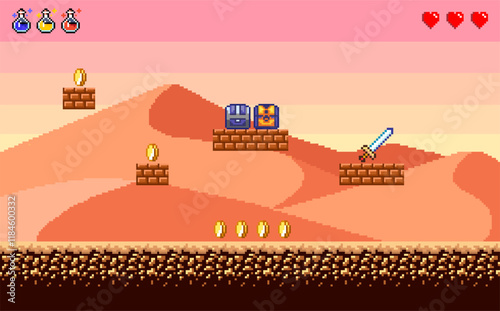 Pixel background. Desert. trees and bushes, sword. Vector illustration EPS 10.