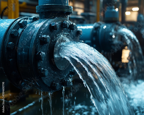 close up of water pump in factory with flowing clear water, showcasing industrial efficiency