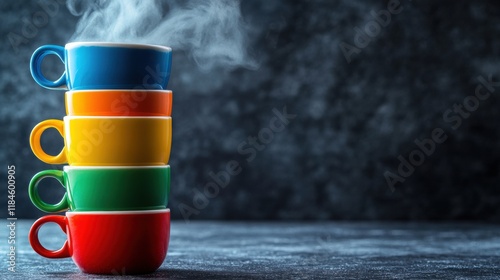 Colorful Coffee Mugs with Steam Rising