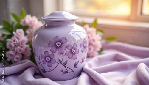 Light purple memorial urn with floral design, soft fabric drapery, warm sunlight.Tenderness. Love. Loss. Sacred tribute.funeral tribute, memorial banner, emotional tribute, soft light decor.