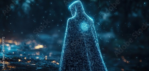 A digital illustration of a cloaked figure embodying concepts of security and invisibility