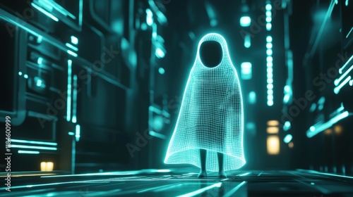 A digital illustration of a figure cloaked in a holographic invisibility cloak