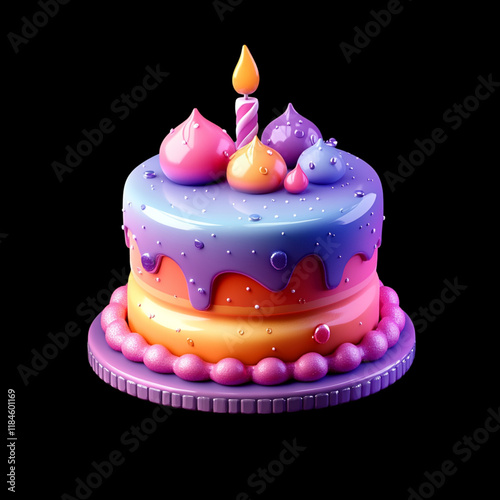 3D icon of a colorful birthday cake, in a cartoon style, game icon.