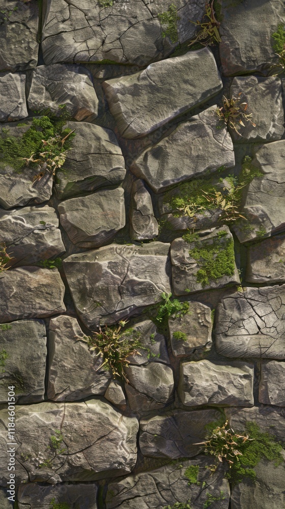 Ancient Stone Wall Texture: Rustic Grey Rocks with Moss and Plants Ancient Stone Wall Texture: Rustic Grey Rocks with Moss and Plants