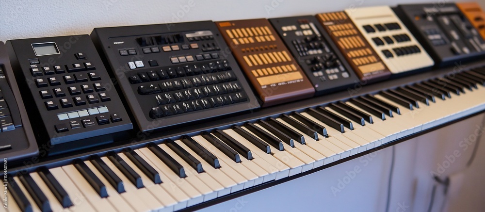 Keyboard with multiple controllers and synthesizers.
