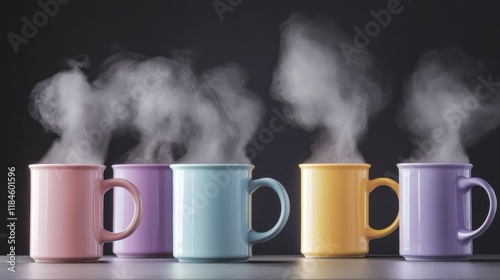 Colorful Coffee Mugs with Rising Steam