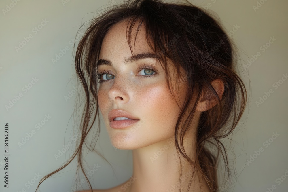 elegant womans profile with delicate features and natural makeup against soft beige studio background modern beauty portrait photography elegant womans profile with delicate features and natural makeup against soft beige studio background modern beauty portrait photography