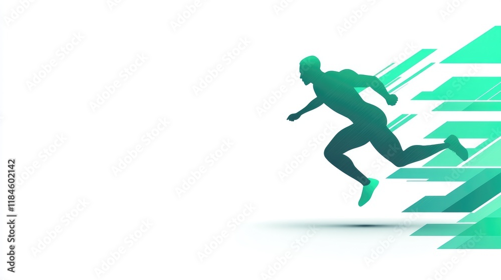 Abstract silhouette of a runner in motion, dynamic pose against a white background with teal geometric shapes. Abstract silhouette of a runner in motion, dynamic pose against a white background with teal geometric shapes.