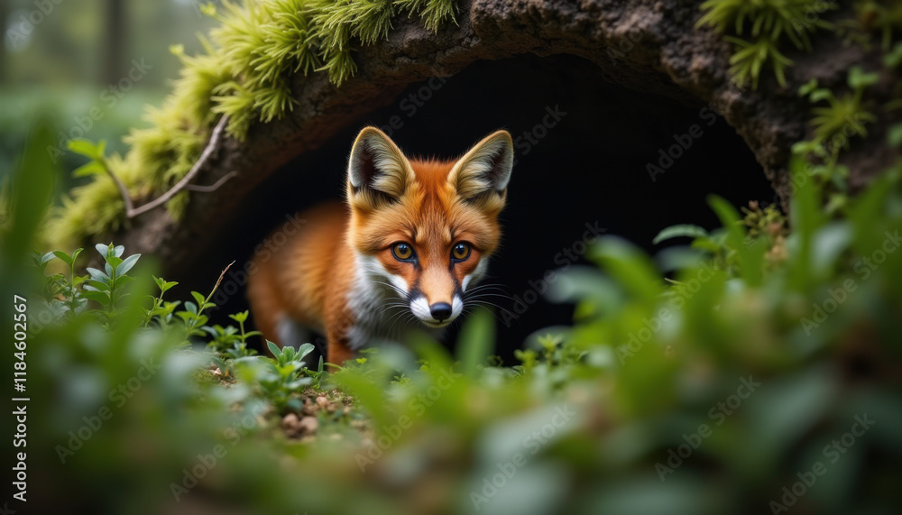 Obraz premium Red fox emerging from its den surrounded by lush greenery, curious expression, serene forest environment, wildlife moment, copy space
