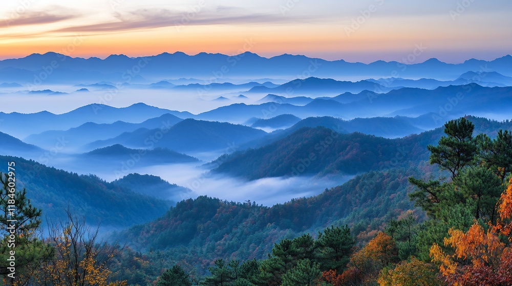 Panoramic view of misty mountains at sunrise, showcasing layers of blue hills and autumn foliage.