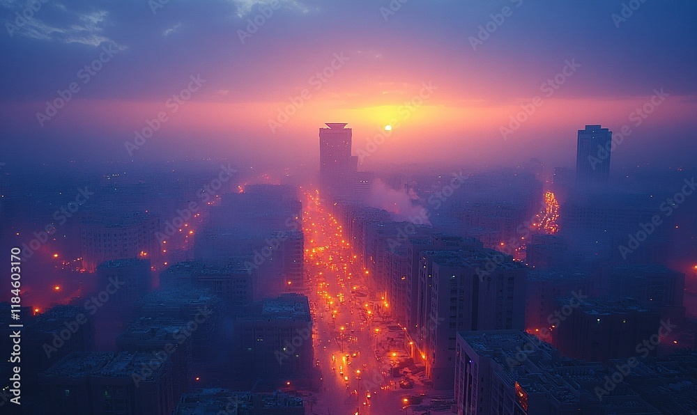 Fototapeta premium A breathtaking urban sunset casting a warm glow over a misty city skyline.