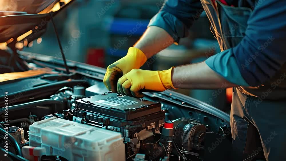 auto mechanic replaces the battery in the car. Selective focus