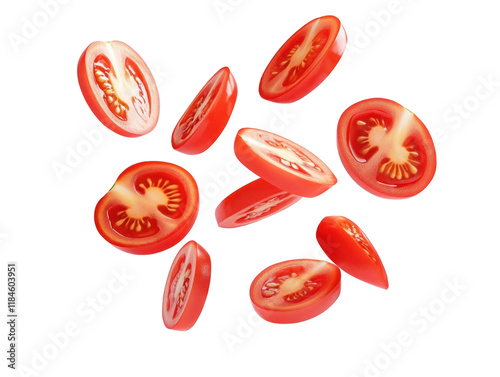 Freshly Sliced Tomatoes Floating in the Air, Perfect for Culinary and Food Designs