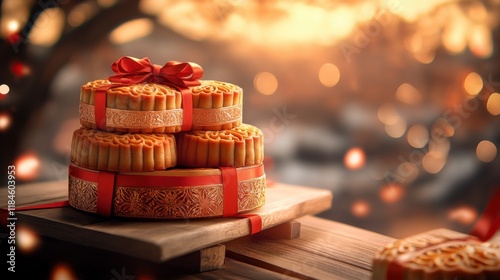Stack of Festive Mooncakes Wrapped in Red and Gold