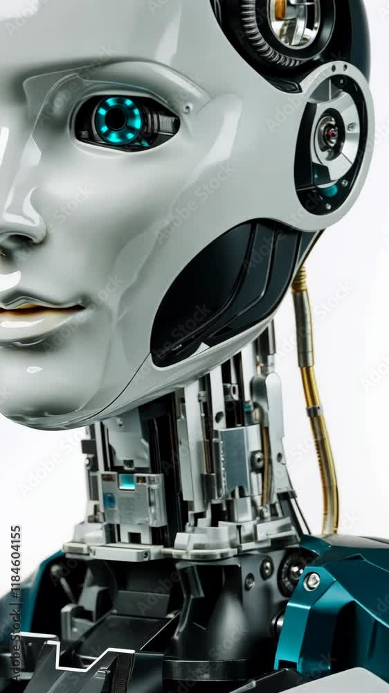 Close-up view of a futuristic humanoid robot with intricate mechanical features and glowing elements Close-up view of a futuristic humanoid robot with intricate mechanical features and glowing elements