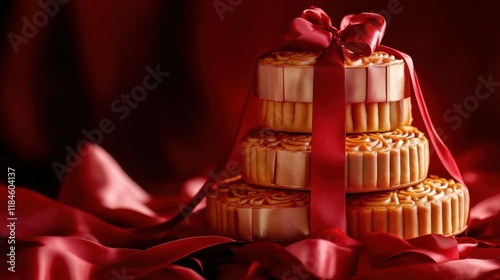 Festive Mooncakes Wrapped in Red and Gold Ribbons